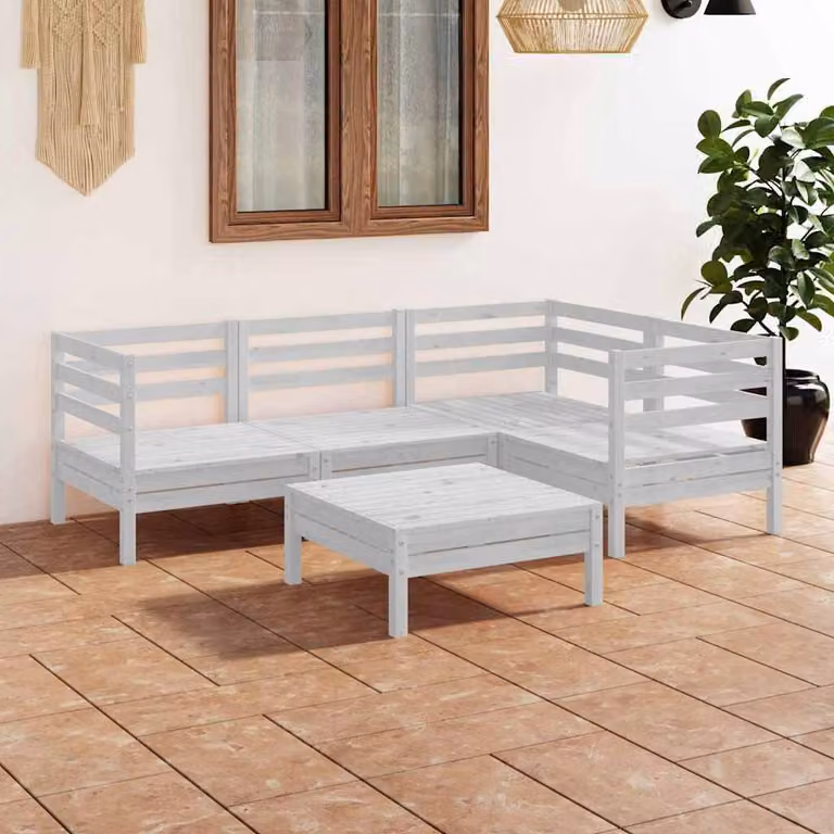 Set Salotto da Giardino vidaXL in Legno di Pino Bianco con Cuscini, Forma a L e Ottoman, 5 Pezzi