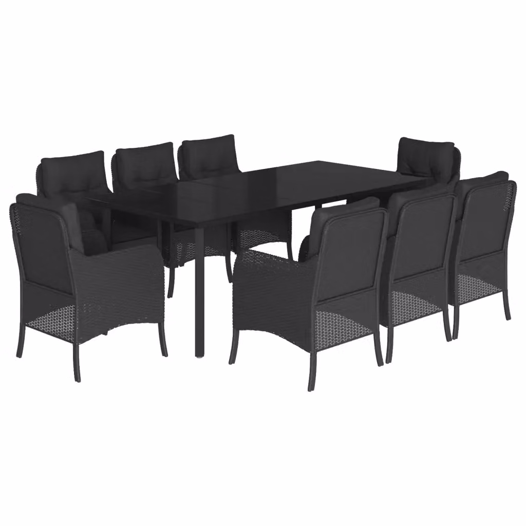 Set da pranzo da giardino vidaXL in polyrattan nero con cuscini e tavolo in vetro, 9 pezzi – 2