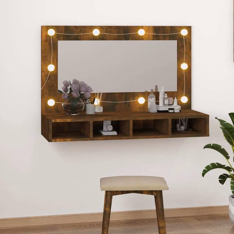 Mobile da bagno con specchio e illuminazione LED vidaXL in rovere fumo L: 90 cm, P: 31,5 cm, H: 62 cm