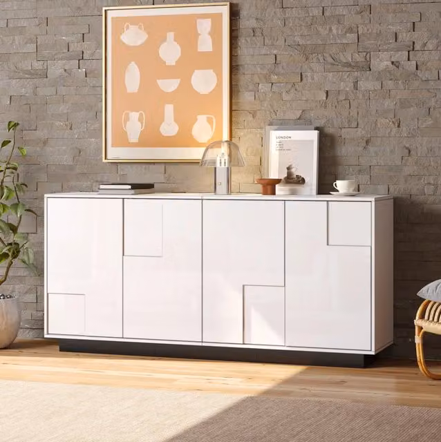 Credenza 160x37x75.5 cm con 4 ante geometriche lucide e push to open in truciolare bianco e nero