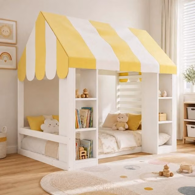 Letto per bambini ULEVR 90x200 cm con struttura a baldacchino e 2 vani aperti, bianco
