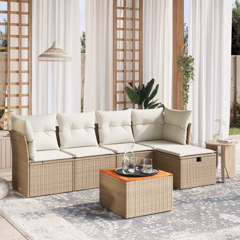 vidaXL Set Divano da Giardino 6 pz a Forma di L con Cuscini Beige e Tavolino, Struttura in Acciaio e Legno di Acacia