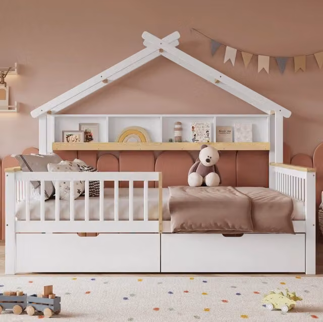 Letto a casetta per bambini 140x200 cm bianco e naturale con sponde e 2 cassetti