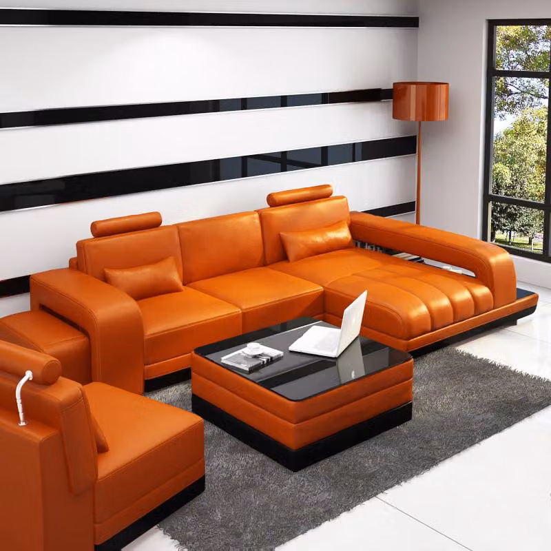 Ledersofa Couch Wohnlandschaft Ecksofa Eck Garnitur Design Sofa USB Orange