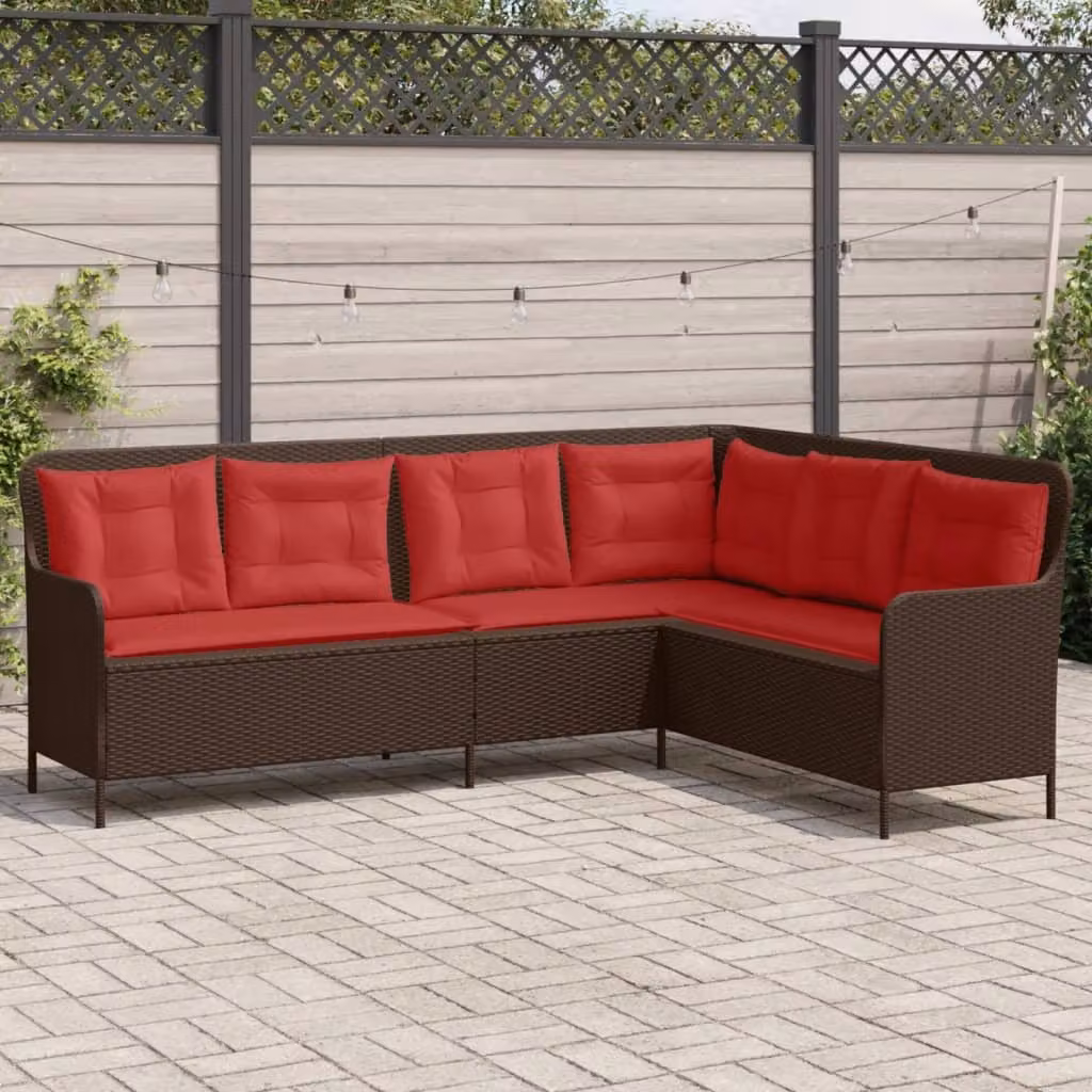vidaXL Divano da giardino a forma di L in polyrattan marrone con cuscini imbottiti e coperture rimovibili