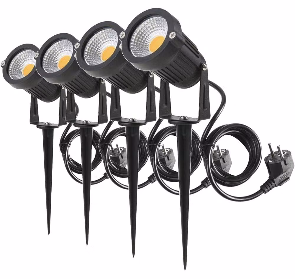 Set di 4 faretti LED da giardino, 5 W, 450 lm, grado di protezione IP65, luce bianco caldo, alluminio, con picchetto da terra
