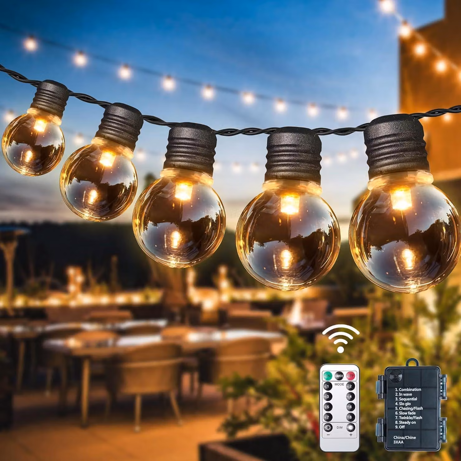 Catena luminosa a LED, 9 metri, 20 lampadine a forma di sfera (G30), alimentazione a batteria, con telecomando