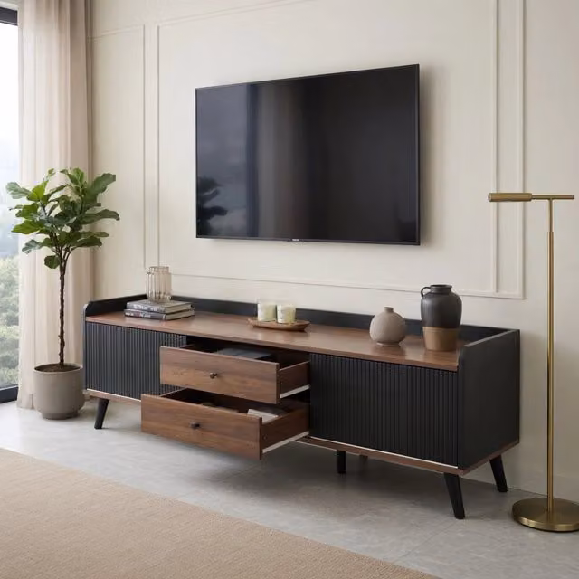 Cassettiera per TV nera e legno; truciolato; lunghezza 160 cm