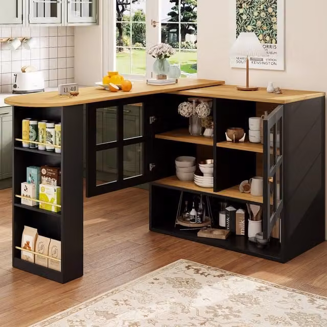 Credenza girevole estensibile con ante in vetro e ripiani regolabili per cucina e soggiorno, nera, 138 × 39 × 102,5 cm