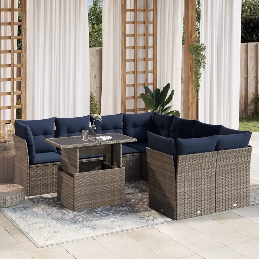 Set Divani da Giardino vidaXL 9 Pezzi con Cuscini e Tavolino, Design Moderno a L in Polyrattan Grigio e Blu con Struttura in Acciaio