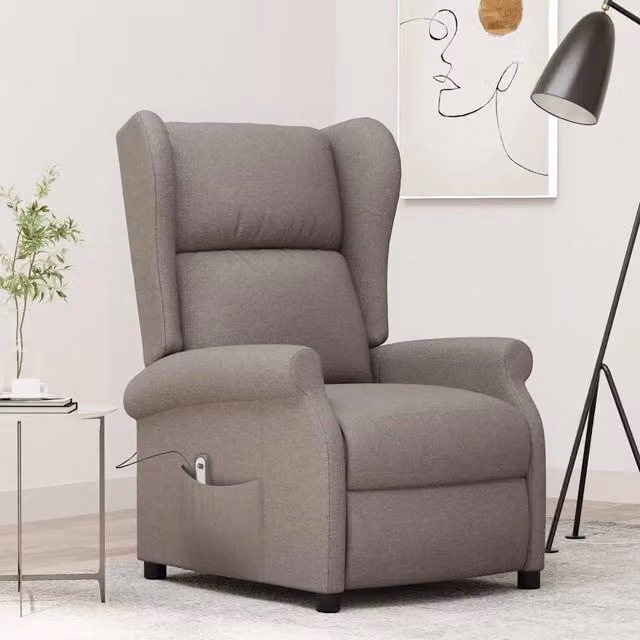 Poltrona Reclinabile Elettrica ad Ala Design In in Tessuto Beige o Grigio con Braccioli e Struttura Mista L: 103 cm, P: 73 cm, H: 95 cm