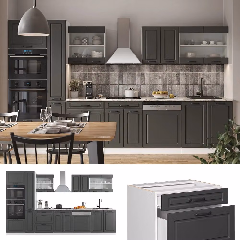 Mobile da cucina Vicco R-Line stile rustico colore Antracite e Bianco con armadio alto e finitura Rovere L: 350 cm, P: 60 cm, H: 206,8 cm – 2