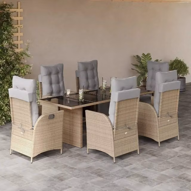 Set da pranzo da giardino vidaXL in polyrattan con tavolo in vetro e 7 pezzi, colori beige e grigio