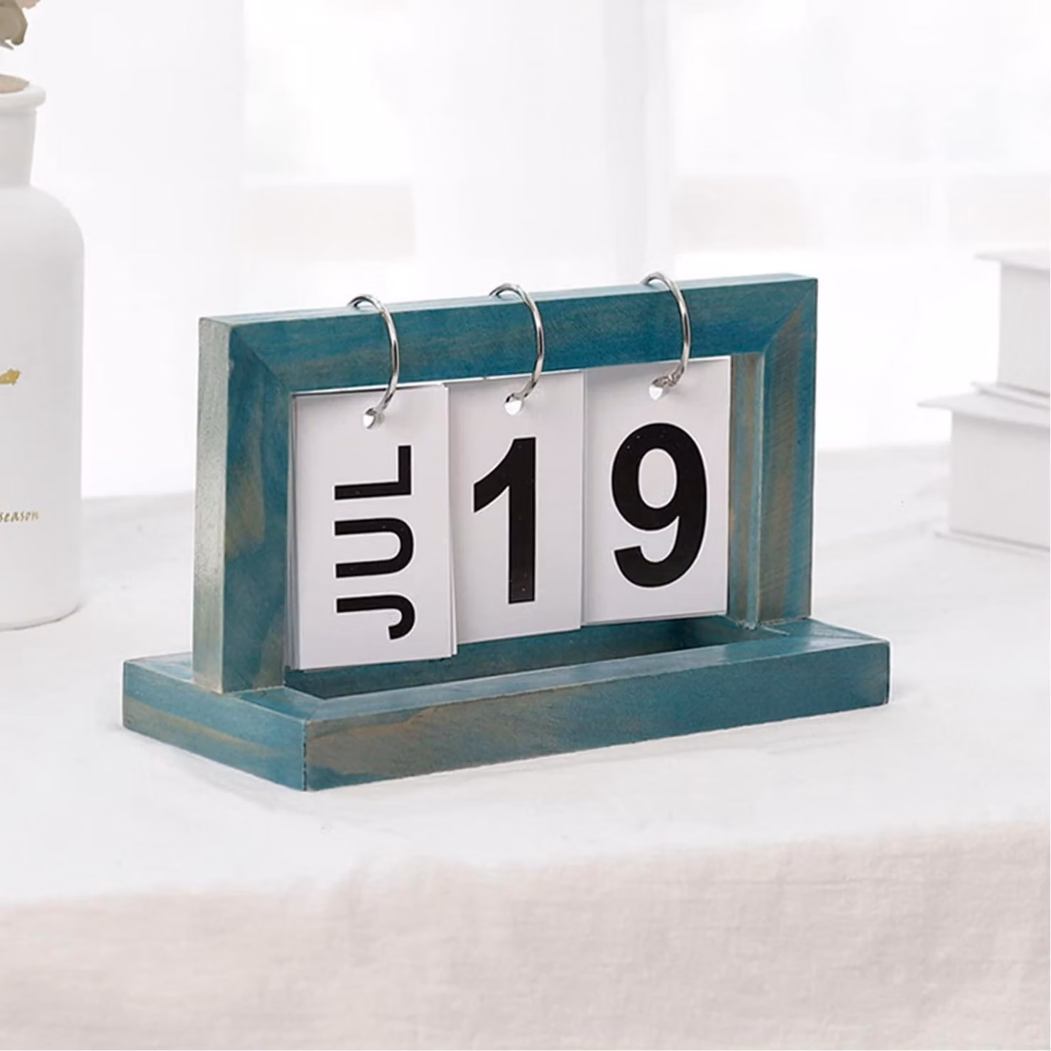 Calendario perpetuo in legno, calendario a fogli scorrevoli, scrivania, 20 x 12 x 9 cm, colore blu