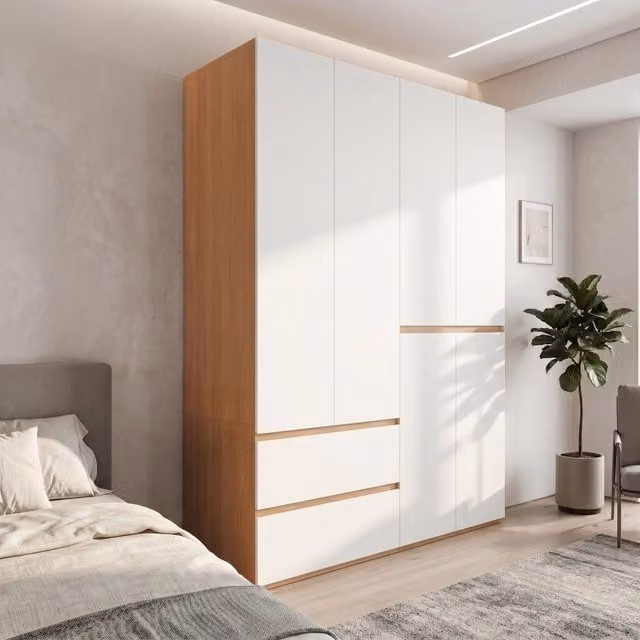 Armadio 6 ante con 2 appendiabiti e 5 cassetti in MDF e pannello truciolare bianco