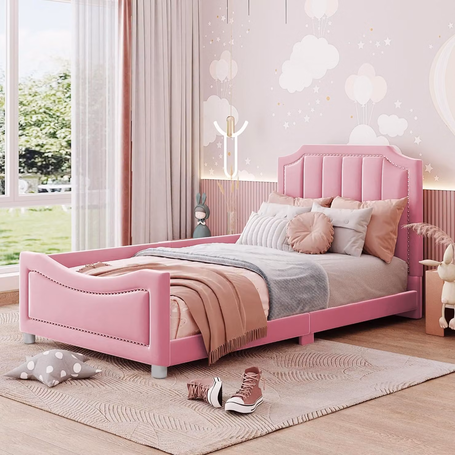 Letto imbottito Fortuna Lai 90x200cm, letto per bambini in flanella, letto piano con 1 telaio laterale e schienale, con rete a doghe e testata, rosa