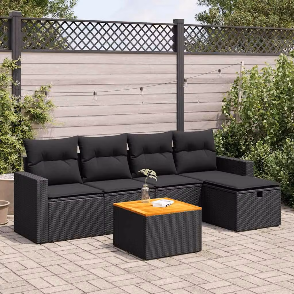 Set Divano da Giardino vidaXL 6 pz in Polyrattan e Legno di Acacia Oliato, Nero