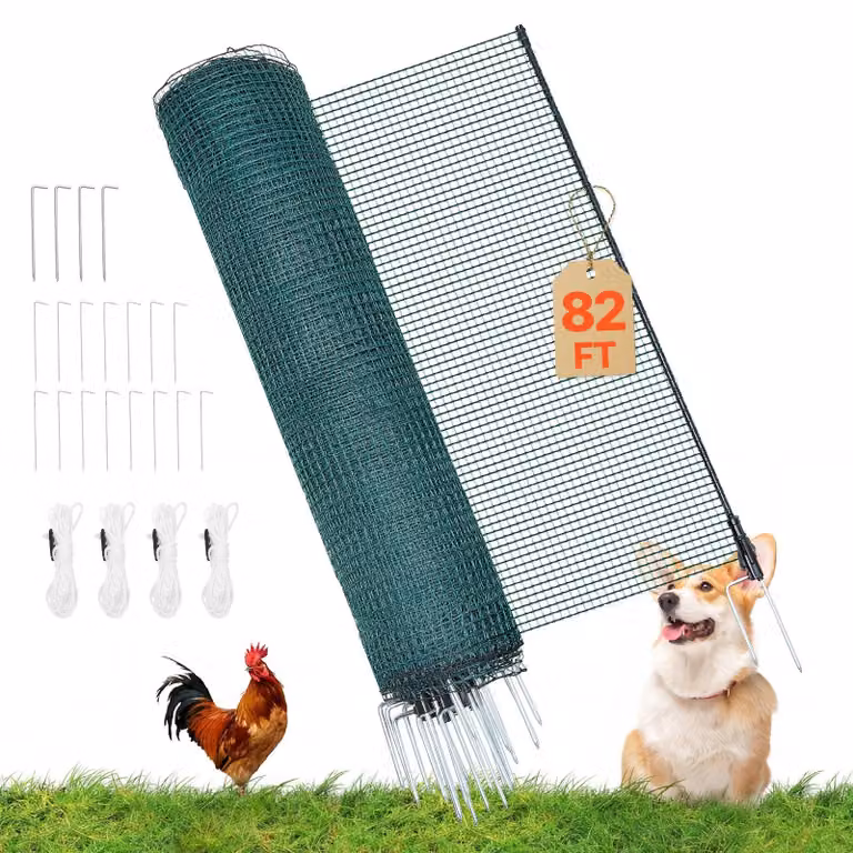 Rete per polli e recinzione per cani - Recinzione da pascolo 25 m x 1,2 m - Rete mobile in PE - Pali a doppia punta - Con corde di tensione - Per giardino e campeggio