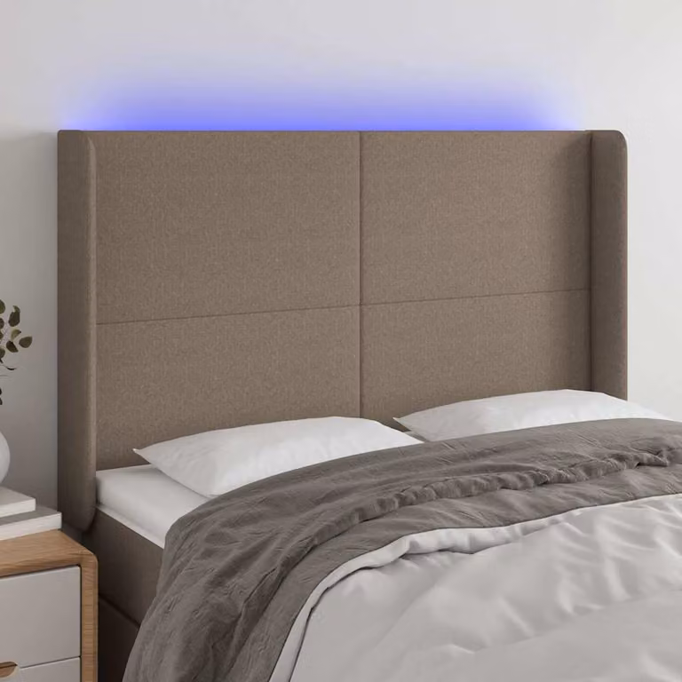 Testiera con LED e porta USB vidaXL in tessuto color tortora, L: 147 cm, P: 16 cm, H: 118-128 cm