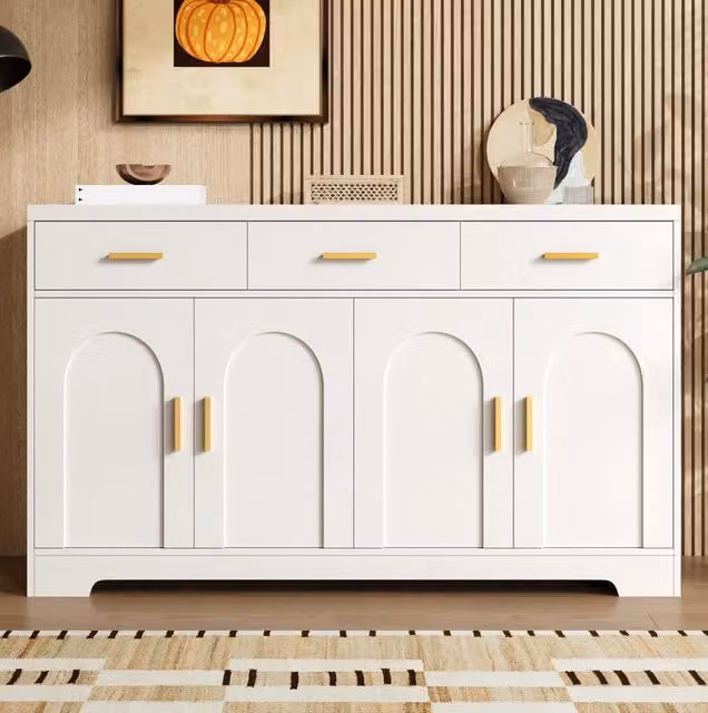 Credenza ULEVR 140x40x83 cm con 4 ante ad arco, 3 cassetti e ripiani regolabili, bianca in MDF