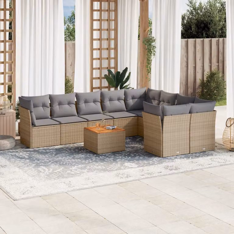 vidaXL Set Divano da Giardino a L 10 pz con Tavolino e Ottoman, Polyrattan e Acciaio, Beige