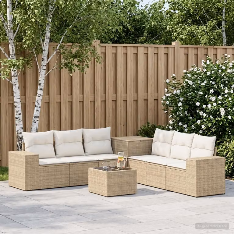 Set di divani da giardino vidaXL in polyrattan 8 pezzi Beige e Bianco Crema con cuscini e tavolino da caffè