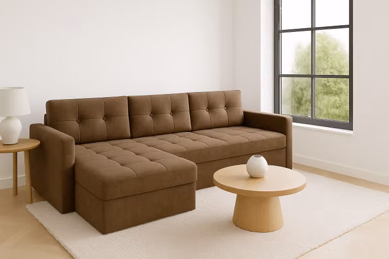 Divano ad angolo GUTTO con funzione letto, marrone IVIO I, in tessuto velour dai colori di tendenza. Imbottitura moderna. HIT 2025!!!