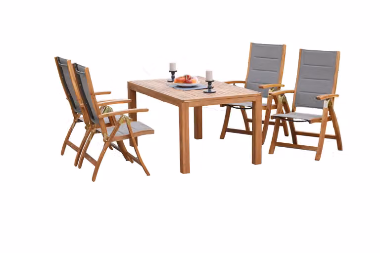 Set di mobili da giardino Merxx Acapulco 5 pezzi, 4 poltrone pieghevoli, tavolo allungabile 150 (200) x 90 cm - Acacia/Tessuto