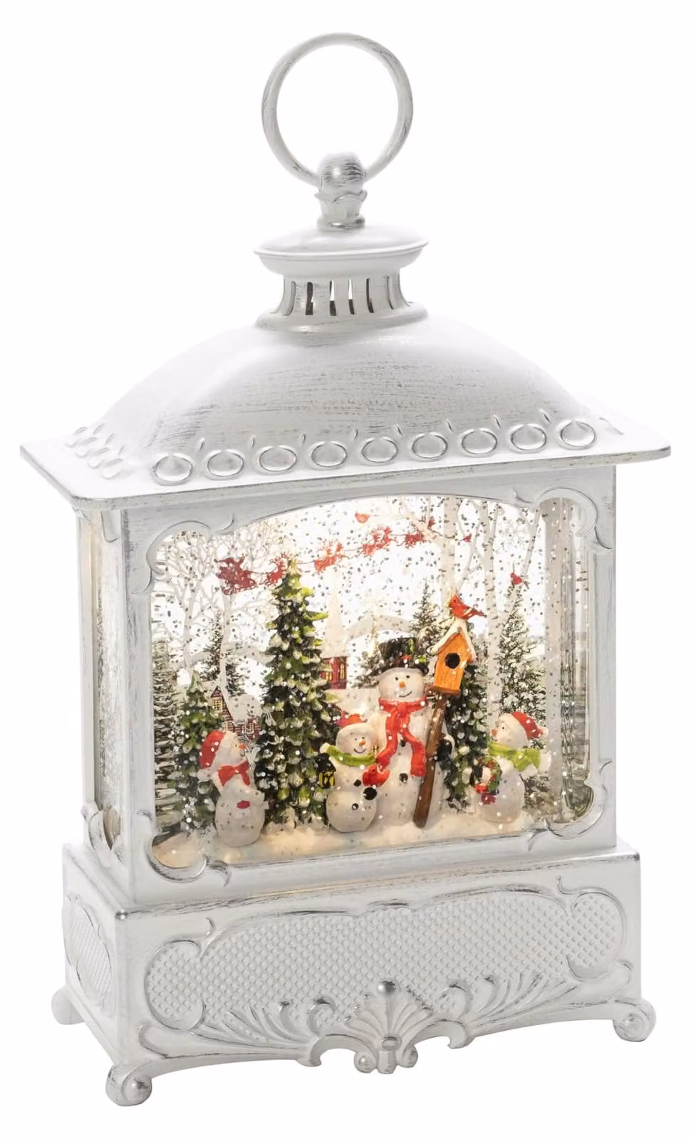 Lanterna a LED a forma di neve artificiale, con scena familiare a tema neve e pupazzo di neve, altezza 30 cm
