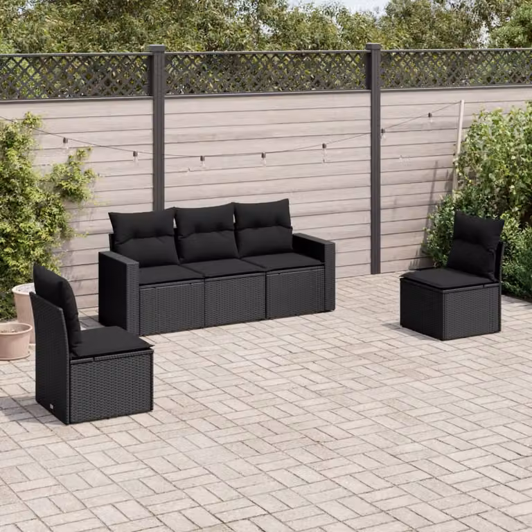 Set di Divani da Giardino vidaXL 5 Pezzi con Cuscini in Polyrattan e Struttura in Acciaio Nero