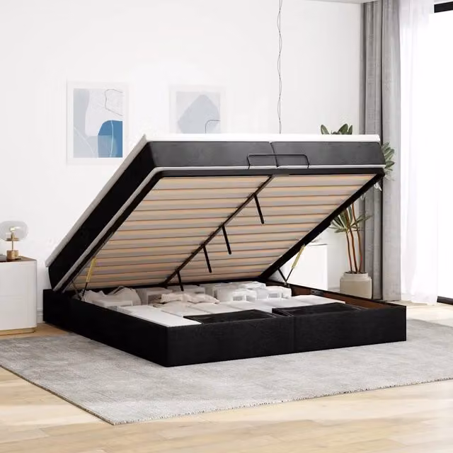 Letto con contenitore a sollevamento vidaXL in tessuto nero e bianco L 200 x P 200 cm – 1