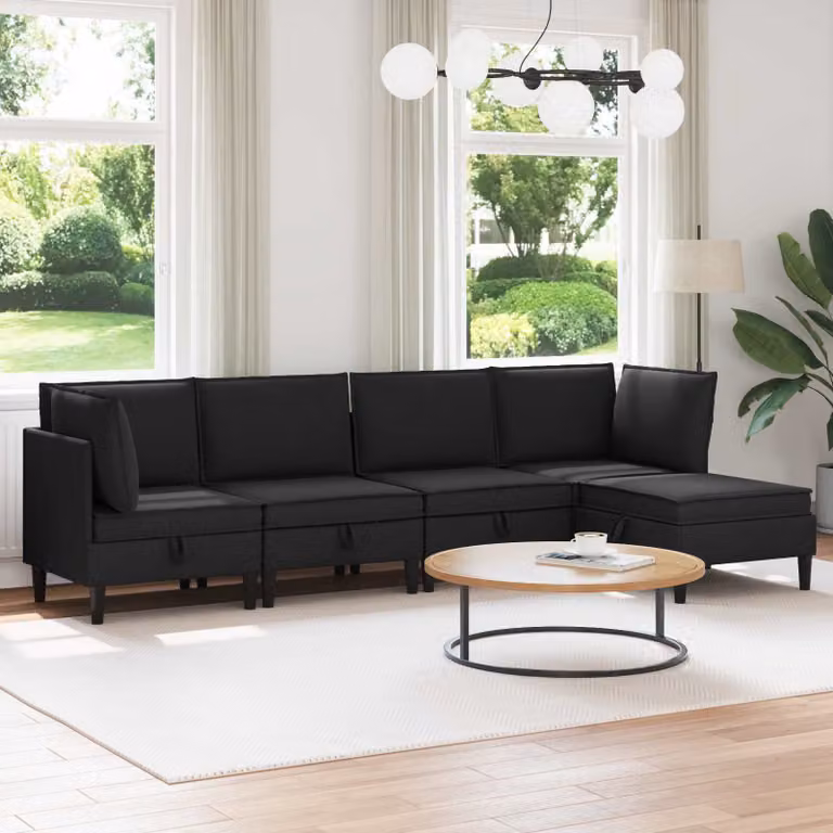Set di mobili per il soggiorno vidaXL composto da 5 pezzi in tessuto nero con design a L e cuscini inclusi