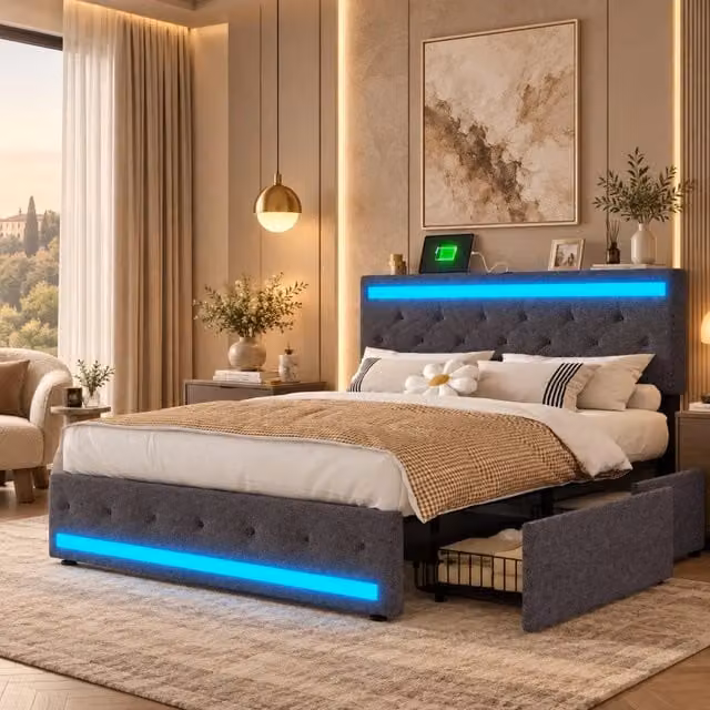Letto imbottito 140x200cm con Contenitore;letto matrimoniale con 4 cassetticon;LED e USB; letto con testiera regolabile in altezza;Lino Grigio Scuro