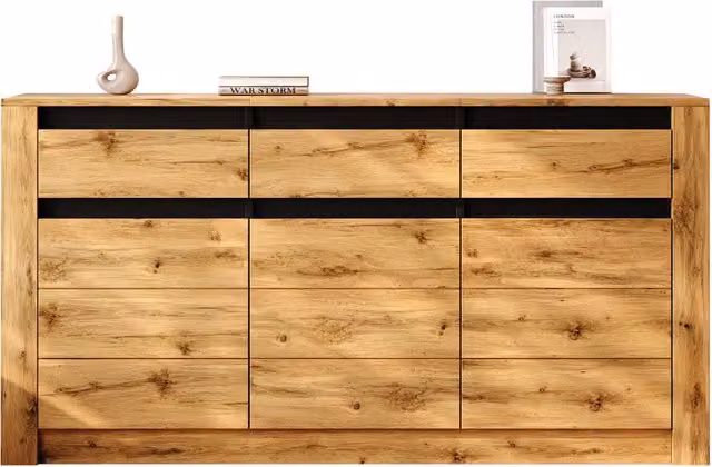 Credenza 140 cm in Legno Naturale con 3 Cassetti e 3 Ante; Mobile Soggiorno Salvaspazio per Ingresso e Sala da Pranzo