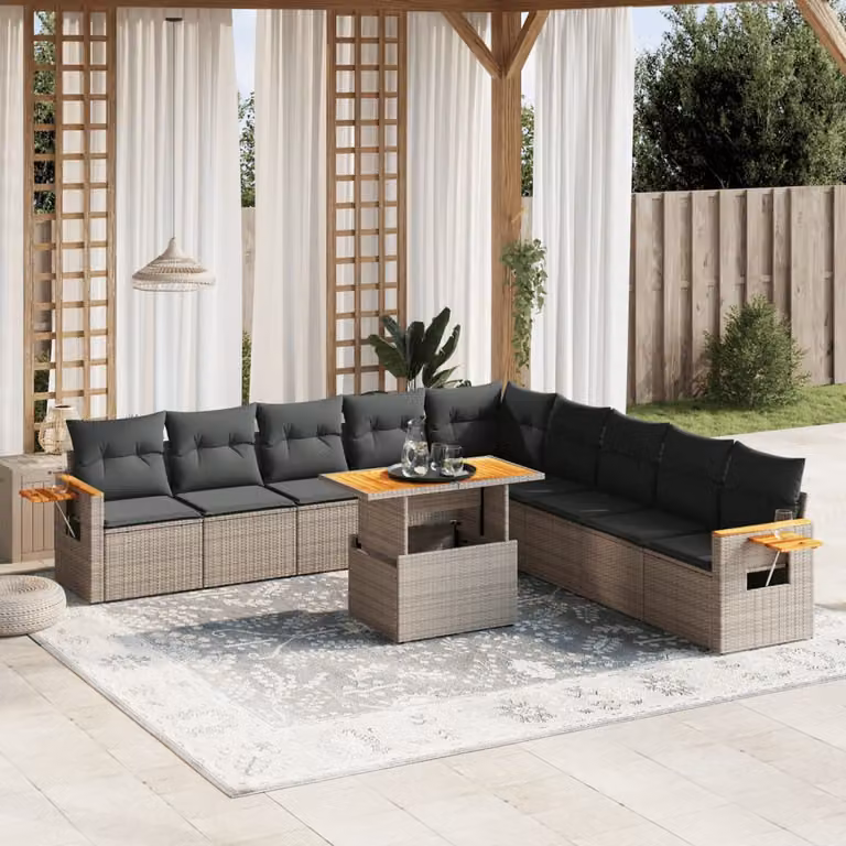 vidaXL Set Divani da Giardino 11 pz in Polyrattan Grigio con Cuscini e Tavolino da Esterno