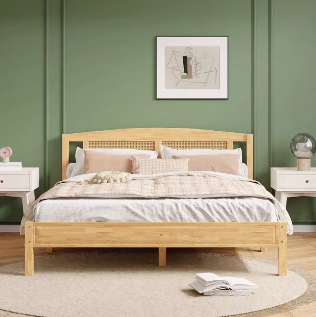 Letto matrimoniale 160x200 cm in pino e rattan PE naturale con 15 doghe