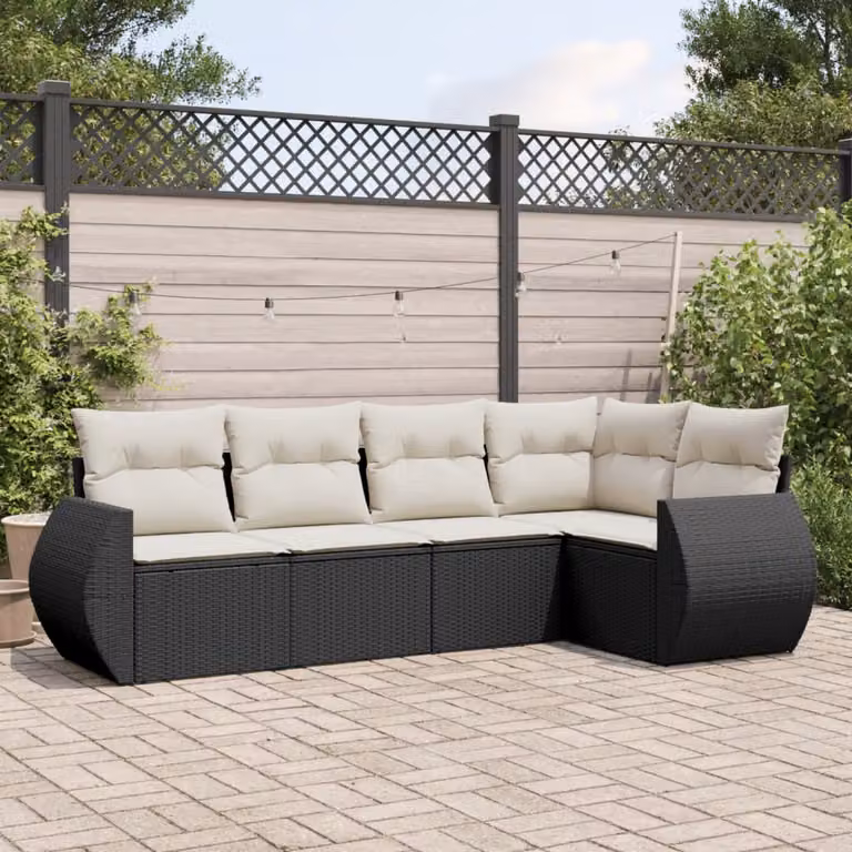 vidaXL Set Divani da Giardino a L 5 pz in Polyrattan Nero con Cuscini e Struttura in Acciaio