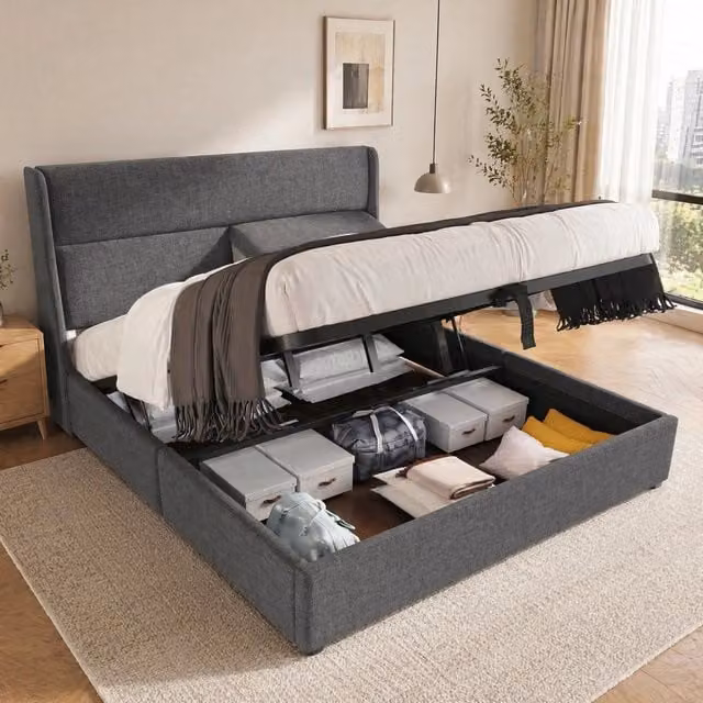 Letto matrimoniale imbottito 160x200 cm con schienale regolabile, telaio idraulico con contenitore, struttura in metallo e lino grigio (senza materasso)