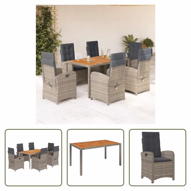 The Living Store Set da pranzo da giardino 7 pezzi con cuscini in poly rattan grigio