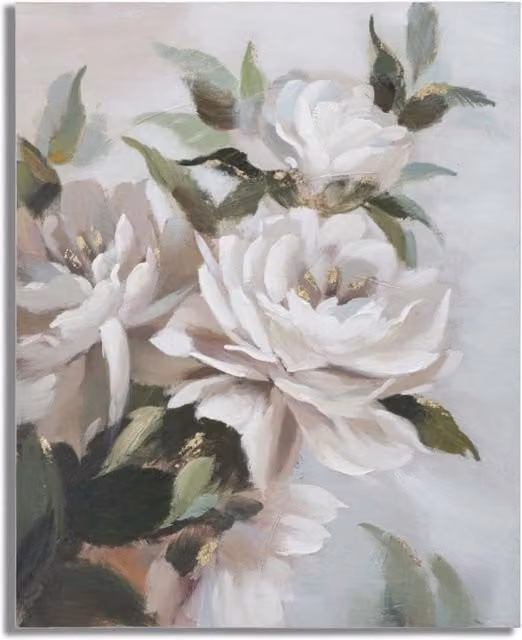 Dipinto su tela Flower & Leaf di Vikasa Home con rose bianche, foglie verdi e dettagli oro, L: 80 cm, H: 100 cm