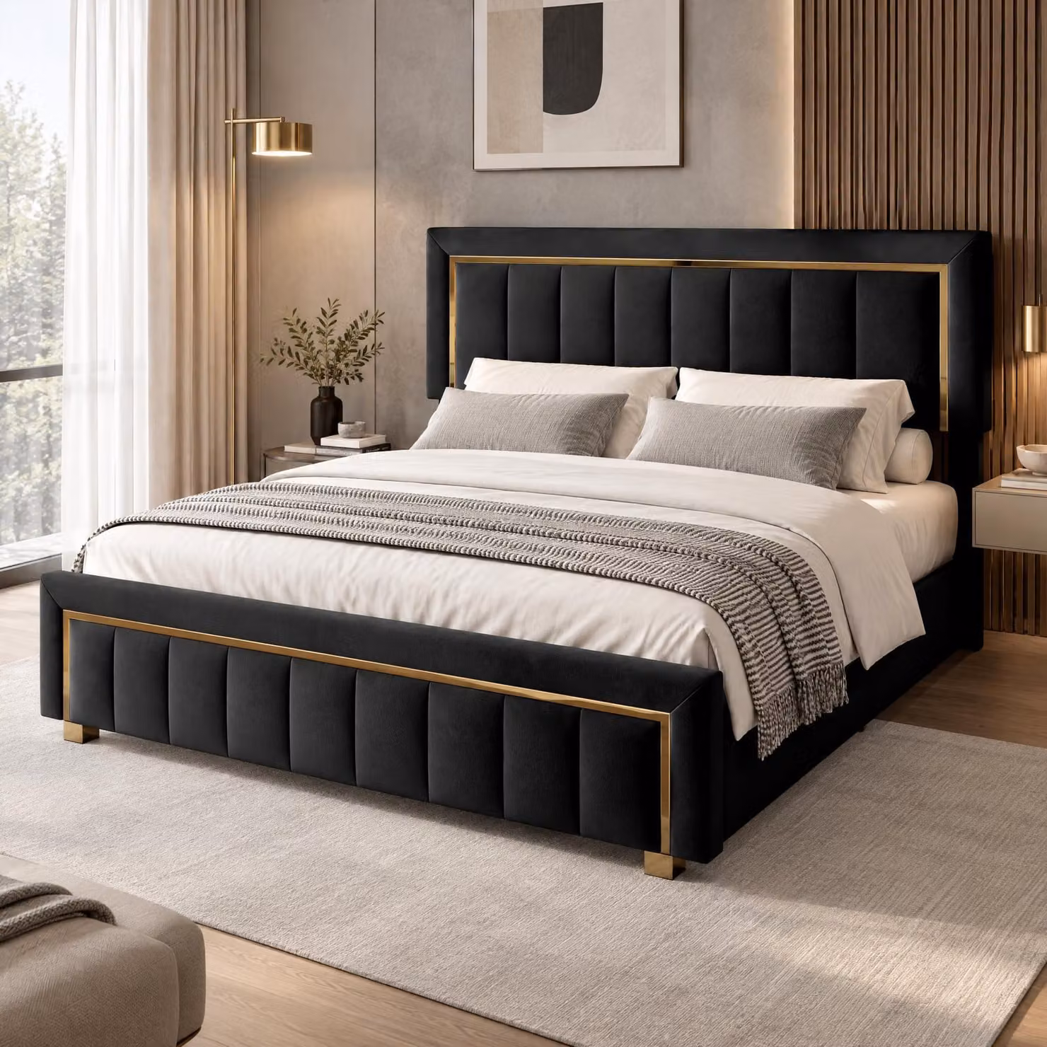 Letto matrimoniale con boxspring, dimensioni 140x200 cm, imbottito con spazio contenitore, struttura con rete a doghe, cornice con decorazioni dorate, rivestito in velluto, colore nero