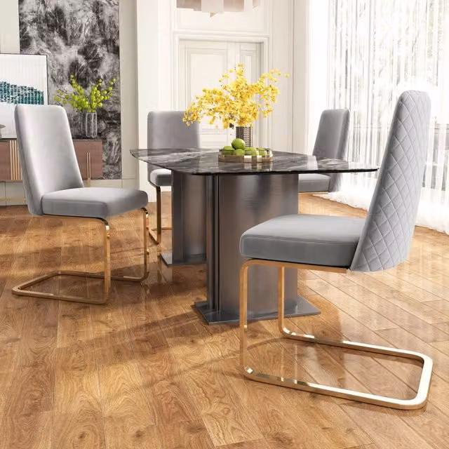 Set di 4 sedie da pranzo WISHDOR in velluto grigio con schienale geometrico e gambe in metallo
