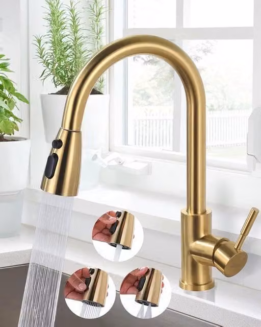 Kraan da bagno con maniglia 360° girevole da cucina in acciaio inossidabile con cartuccia ceramica impermeabile 3 tipi di scarico in oro