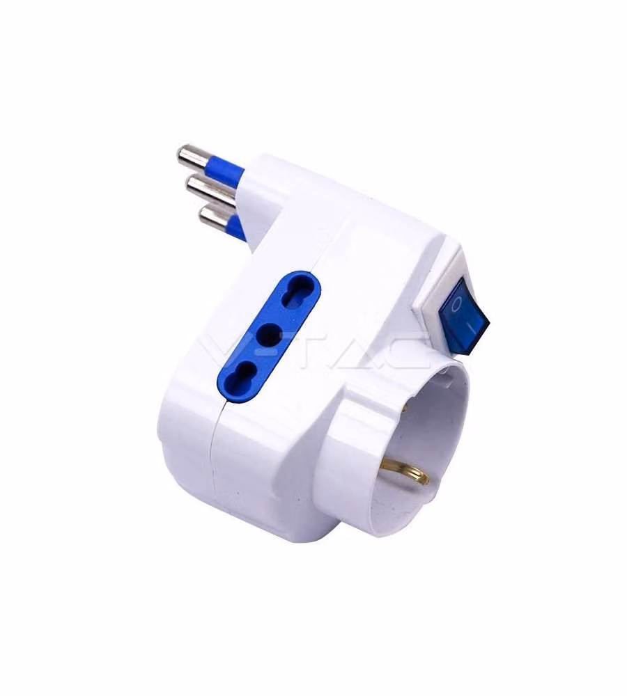 Adattatore Multipresa V-TAC Bianco con 2 Prese Laterali 10/16A Bipasso, 1 Presa Frontale 10/16A Bipasso + Schuko e Interruttore Luminoso
