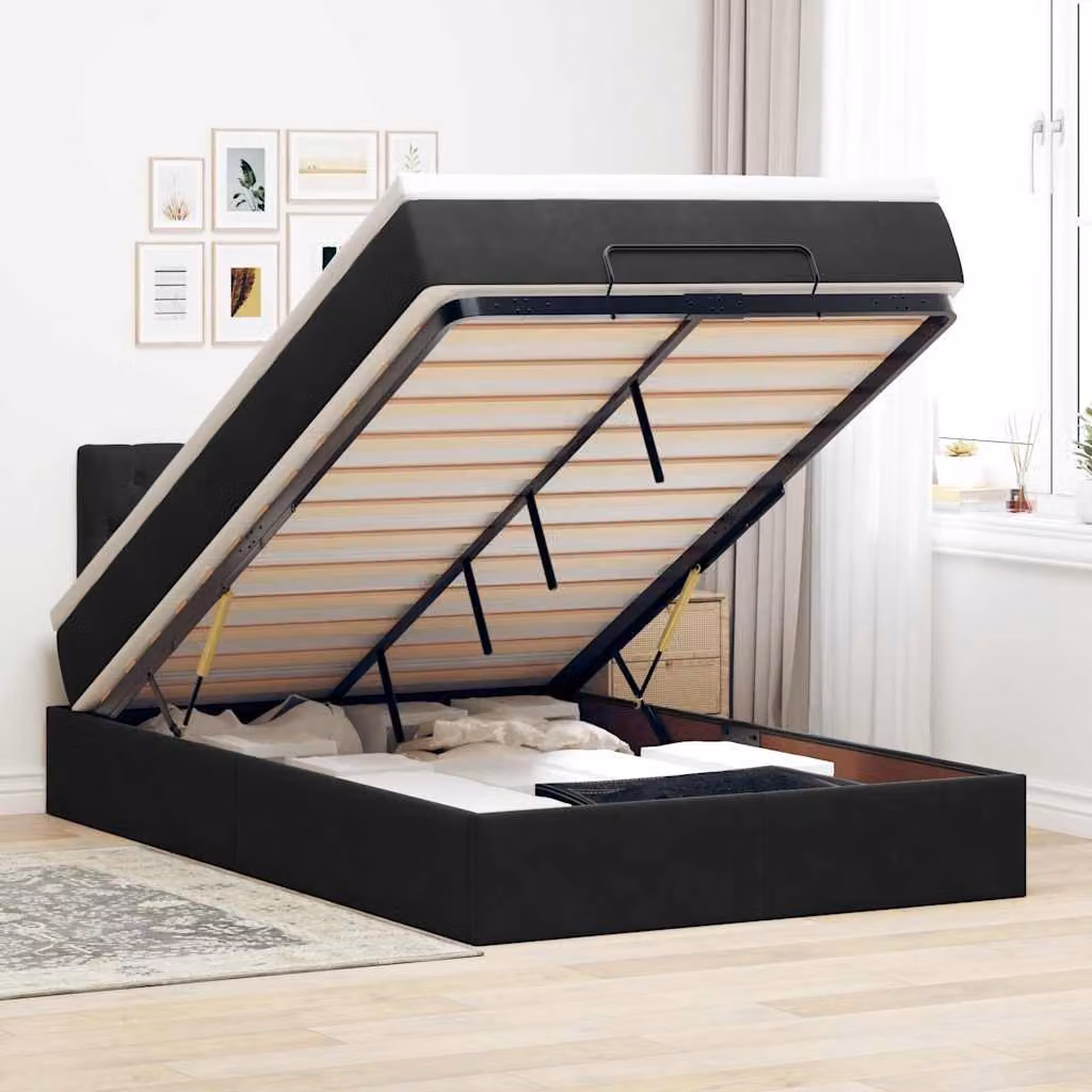 vidaXL Pouf Letto in Velluto con Materasso, Illuminazione LED Sotto il Letto e Porta USB, L/P/H: 120 x 200 x 88 cm, Bianco e Nero – 1