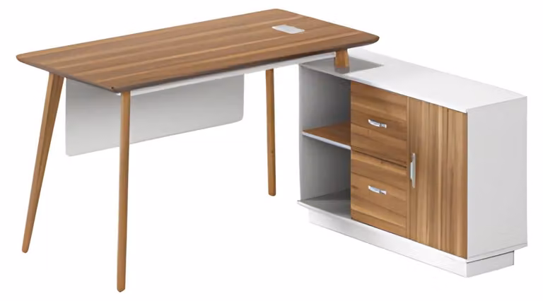 Schreibtisch aus Holz und Weiß mit Stauraum, elegantes Design und schlanke Beine