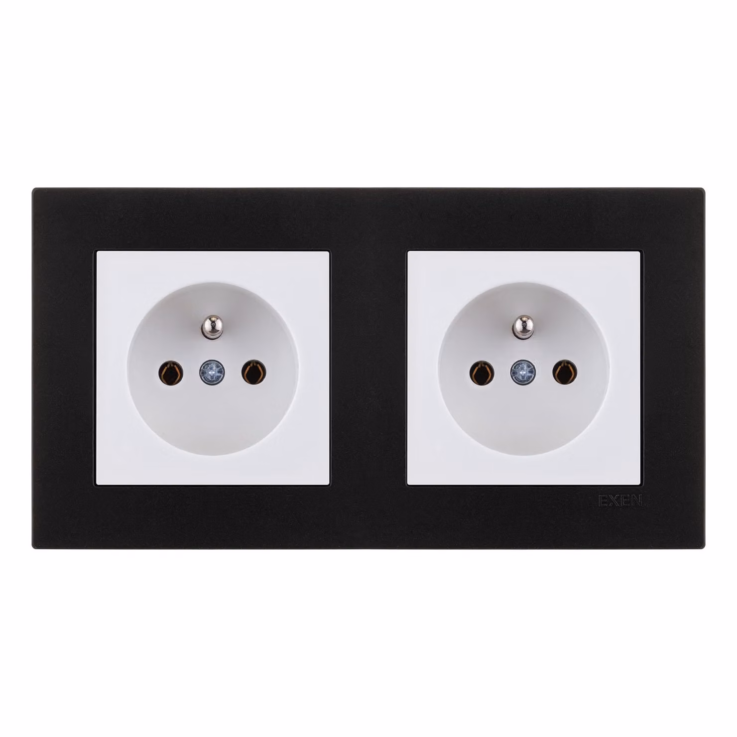 2 prese singole con spina, bianco + cornice doppia, nero metallizzato, EXEN