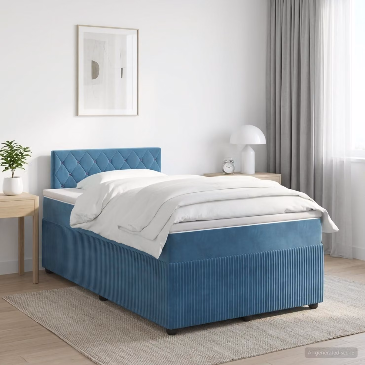 Letto con boxspring e materasso, colore blu, 120 x 190 cm, rivestito in velluto