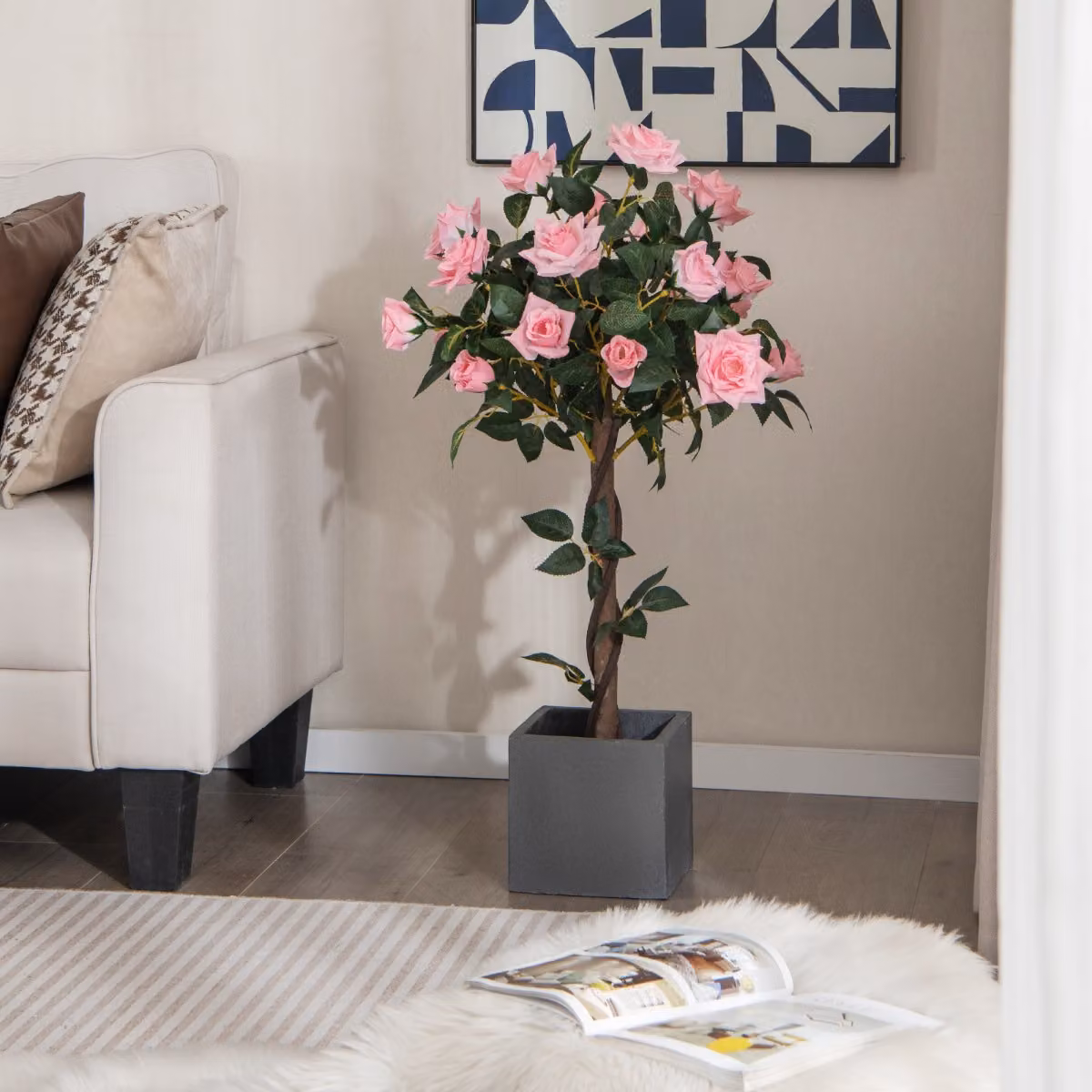 Albero artificiale con rose Costway in verde e rosa con tronco in legno e vaso in rattan, Altezza: 93 cm