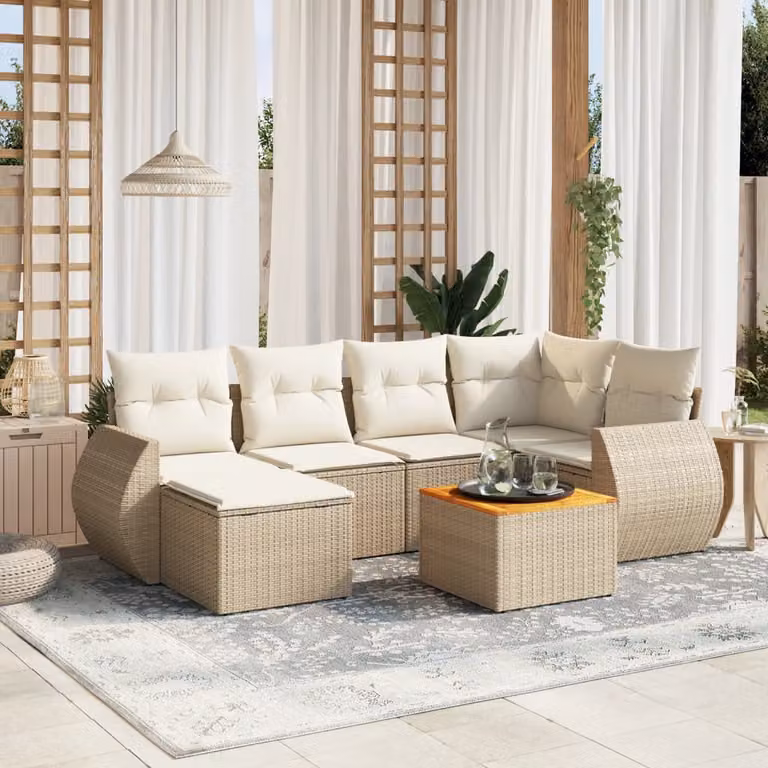 vidaXL Set Divani da Giardino 7 pz in Polyrattan Beige con Cuscini e Tavolino da Esterno